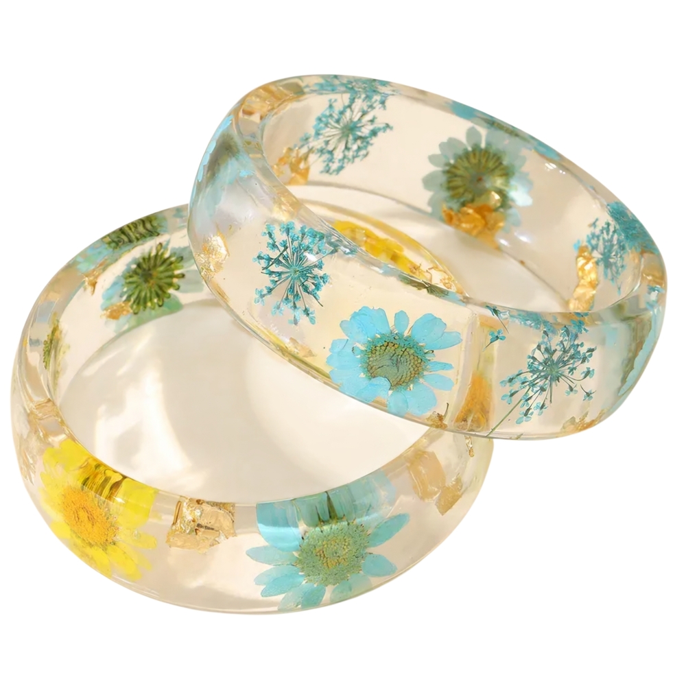Bracelet Floral Resin Bangle Bracelet - Yellow Blue White - Picture 6 of 14